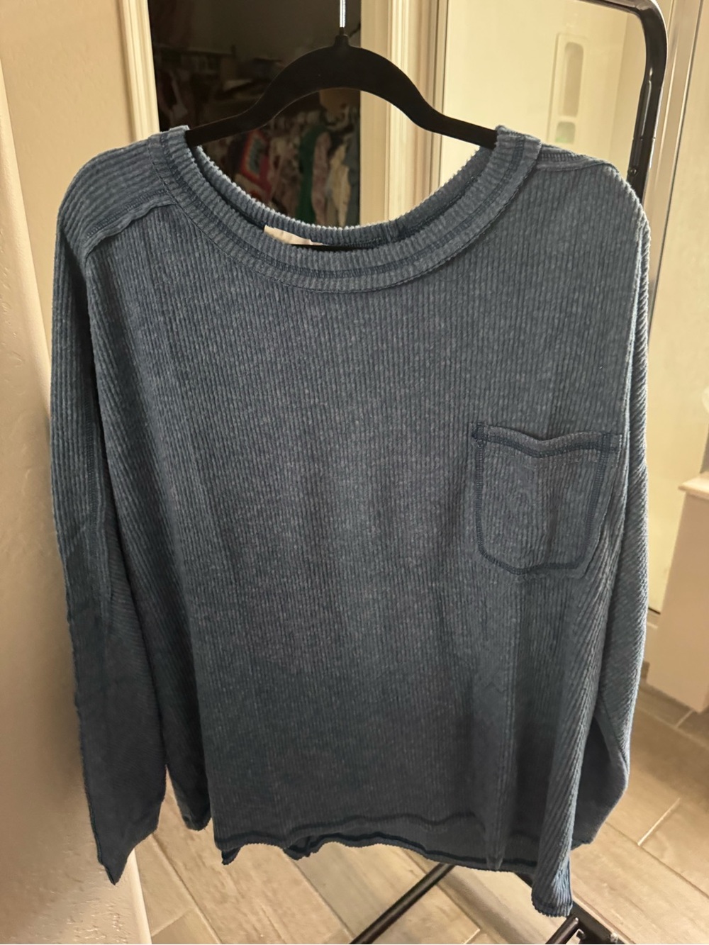Blue Ribbed Pocket Crewneck Sweater - Women Zenana 2X/3x